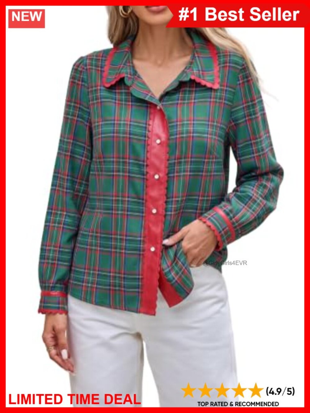 Christmas Plaid Tunic Blouse Faux Leather Scalloped Trim Cotton
